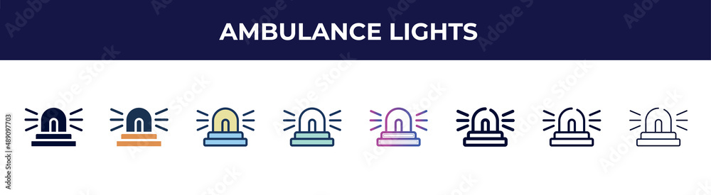ambulance lights icon in 8 styles. line, filled, glyph, thin outline, colorful, stroke and gradient styles, ambulance lights vector sign. symbol, logo illustration. different style icons set.