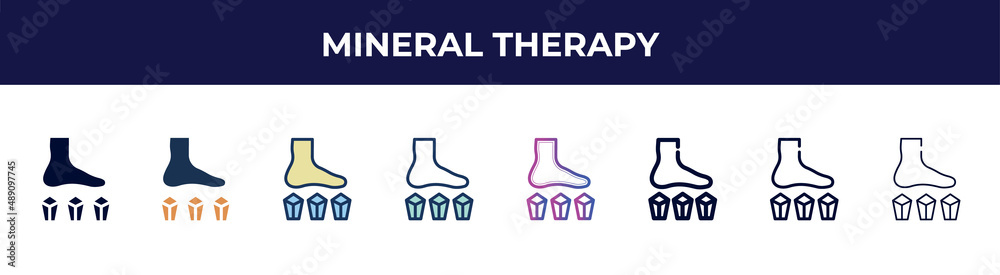 mineral therapy icon in 8 styles. line, filled, glyph, thin outline, colorful, stroke and gradient styles, mineral therapy vector sign. symbol, logo illustration. different style icons set.