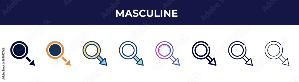 masculine icon in 8 styles. line, filled, glyph, thin outline, colorful, stroke and gradient styles, masculine vector sign. symbol, logo illustration. different style icons set. masculine icon in 8 styles. line, filled, glyph, thin outline, colorful, stroke and gradient styles, masculine vector sign. symbol, logo illustration. different style icons set.