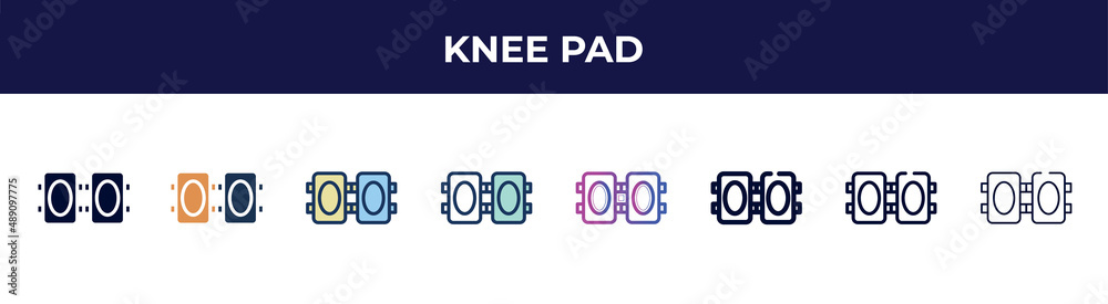 knee pad icon in 8 styles. line, filled, glyph, thin outline, colorful, stroke and gradient styles, knee pad vector sign. symbol, logo illustration. different style icons set.