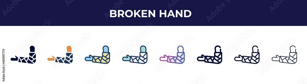 broken hand icon in 8 styles. line, filled, glyph, thin outline, colorful, stroke and gradient styles, broken hand vector sign. symbol, logo illustration. different style icons set. broken hand icon in 8 styles. line, filled, glyph, thin outline, colorful, stroke and gradient styles, broken hand vector sign. symbol, logo illustration. different style icons set.