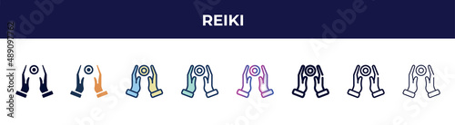 reiki icon in 8 styles. line, filled, glyph, thin outline, colorful, stroke and gradient styles, reiki vector sign. symbol, logo illustration. different style icons set.