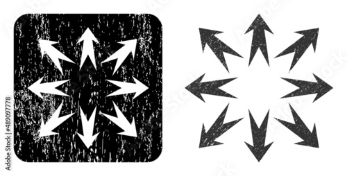 Vector expand arrows carved icon. Grunge expand arrows stamp, done with icon and rounded square. Rounded square stamp contain expand arrows carving inside. Vector expand arrows grunge images.