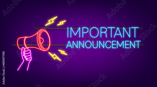 Megaphone with important announcement. Neon icon. Megaphone banner. Web design. Vector stock illustration
