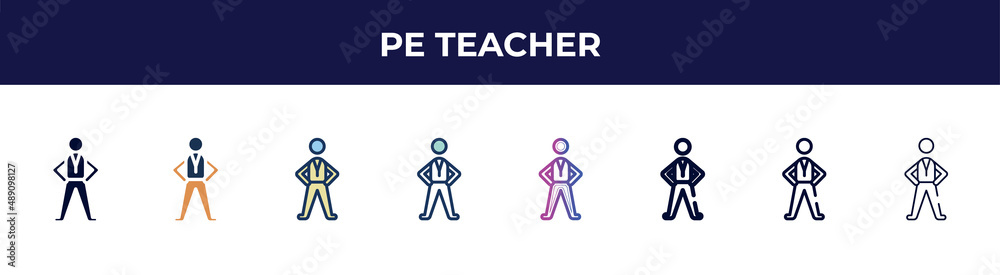 pe teacher icon in 8 styles. line, filled, glyph, thin outline, colorful, stroke and gradient styles, pe teacher vector sign. symbol, logo illustration. different style icons set. pe teacher icon in 8 styles. line, filled, glyph, thin outline, colorful, stroke and gradient styles, pe teacher vector sign. symbol, logo illustration. different style icons set.
