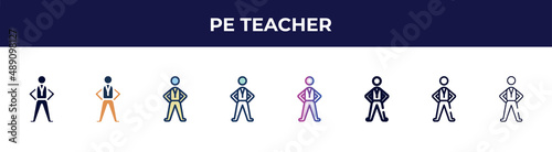 pe teacher icon in 8 styles. line, filled, glyph, thin outline, colorful, stroke and gradient styles, pe teacher vector sign. symbol, logo illustration. different style icons set.
