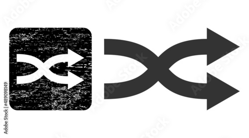 Vector shuffle arrows right hole icon. Grunge shuffle arrows right seal stamp, done from icon and rounded square. Rounded square stamp seal contain shuffle arrows right empty space inside.