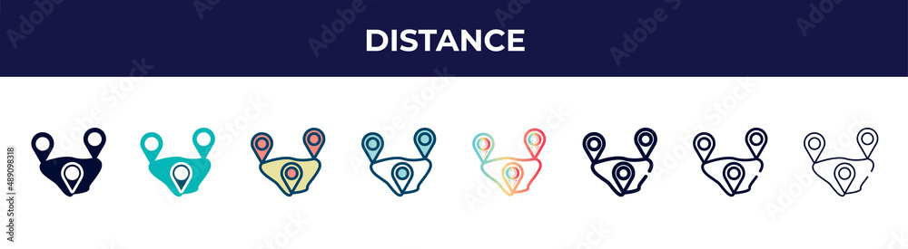 distance icon in 8 styles. line, filled, glyph, thin outline, colorful, stroke and gradient styles, distance vector sign. symbol, logo illustration. different style icons set.