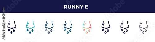 runny e icon in 8 styles. line, filled, glyph, thin outline, colorful, stroke and gradient styles, runny e vector sign. symbol, logo illustration. different style icons set.