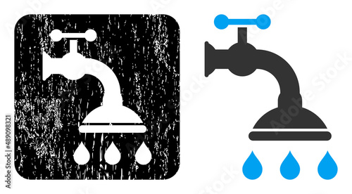 Vector shower tap hole icon. Grunge shower tap seal stamp, done with icon and rounded square. Rounded square stamp include shower tap hole inside. Vector shower tap rubber images.