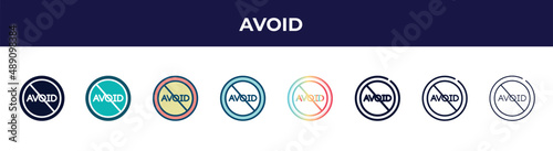 avoid icon in 8 styles. line, filled, glyph, thin outline, colorful, stroke and gradient styles, avoid vector sign. symbol, logo illustration. different style icons set.