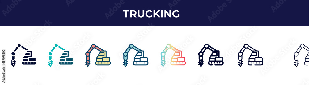 trucking icon in 8 styles. line, filled, glyph, thin outline, colorful, stroke and gradient styles, trucking vector sign. symbol, logo illustration. different style icons set. trucking icon in 8 styles. line, filled, glyph, thin outline, colorful, stroke and gradient styles, trucking vector sign. symbol, logo illustration. different style icons set.