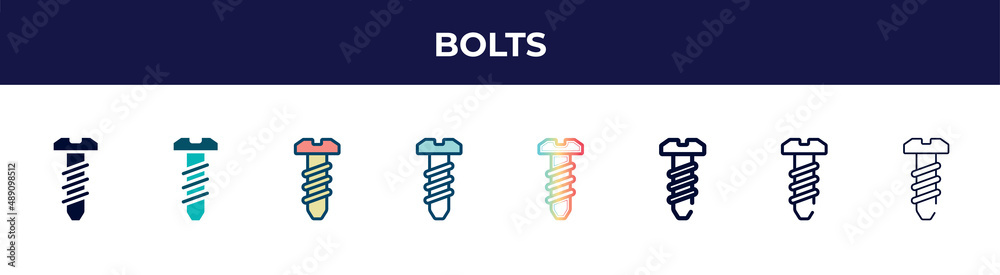 bolts icon in 8 styles. line, filled, glyph, thin outline, colorful, stroke and gradient styles, bolts vector sign. symbol, logo illustration. different style icons set.