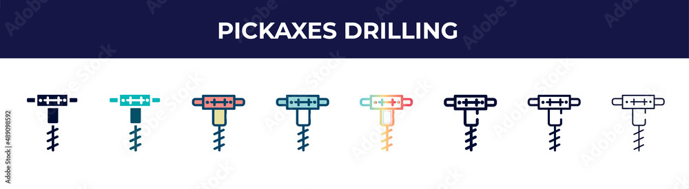 pickaxes drilling icon in 8 styles. line, filled, glyph, thin outline, colorful, stroke and gradient styles, pickaxes drilling vector sign. symbol, logo illustration. different style icons set. pickaxes drilling icon in 8 styles. line, filled, glyph, thin outline, colorful, stroke and gradient styles, pickaxes drilling vector sign. symbol, logo illustration. different style icons set.
