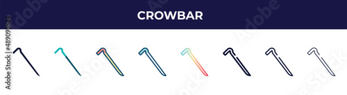 crowbar icon in 8 styles. line, filled, glyph, thin outline, colorful, stroke and gradient styles, crowbar vector sign. symbol, logo illustration. different style icons set.