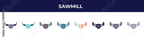 sawmill icon in 8 styles. line, filled, glyph, thin outline, colorful, stroke and gradient styles, sawmill vector sign. symbol, logo illustration. different style icons set.