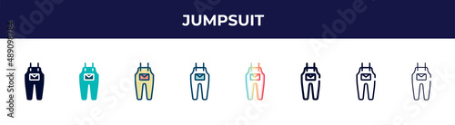 jumpsuit icon in 8 styles. line, filled, glyph, thin outline, colorful, stroke and gradient styles, jumpsuit vector sign. symbol, logo illustration. different style icons set.