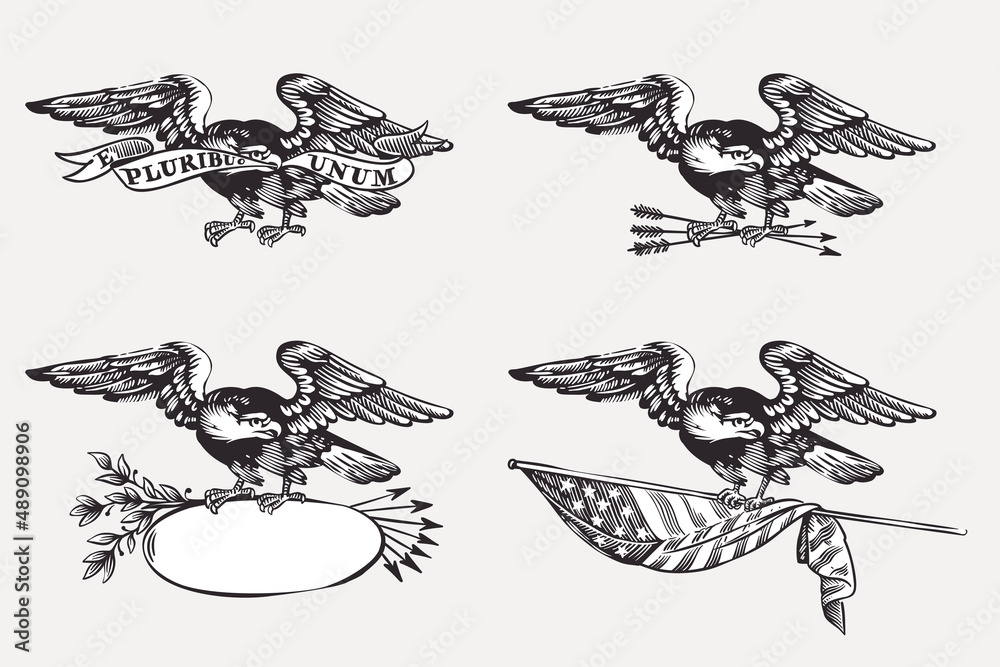 Obraz premium Vector eagles set with the flag, ribbon, frame, and arrows. Illustration of US history and 4th of July celebration in engraving style.
