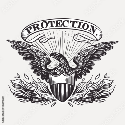 Vector eagle emblem with shield, fire, and ribbon. Illustration of US history and 4th of July celebration in engraving style.