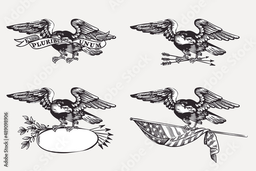 Vector eagles set with the flag, ribbon, frame, and arrows. Illustration of US history and 4th of July celebration in engraving style.