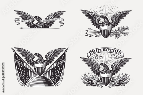 Vector eagles set with the flags, globe, arrows, shield and ribbon. Illustration of US history and 4th of July celebration in engraving style.