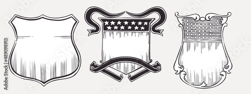 Fototapeta Naklejka Na Ścianę i Meble -  Vector shields with stars and stripes patterns and ribbons. Illustration of US history and 4th of July celebration in engraving style.