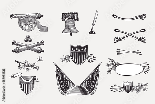 Vector clipart with American flags, bell, cannon, ribbon, saber, and shields. Illustration of US history and 4th of July in engraving style.
