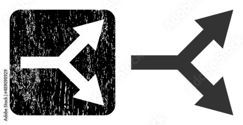 Vector bifurcation arrow right hole icon. Grunge bifurcation arrow right watermark, done with icon and rounded square. Rounded square seal include bifurcation arrow right hole inside.