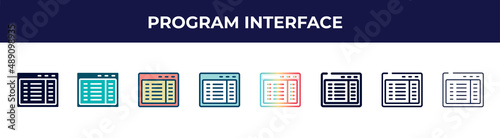 program interface icon in 8 styles. line, filled, glyph, thin outline, colorful, stroke and gradient styles, program interface vector sign. symbol, logo illustration. different style icons set.