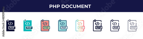 php document icon in 8 styles. line, filled, glyph, thin outline, colorful, stroke and gradient styles, php document vector sign. symbol, logo illustration. different style icons set.