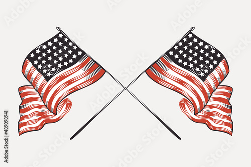 Vector clipart with crossed American flags. Illustration of US history and 4th of July celebration in engraving style.