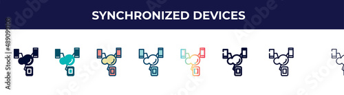 synchronized devices icon in 8 styles. line, filled, glyph, thin outline, colorful, stroke and gradient styles, synchronized devices vector sign. symbol, logo illustration. different style icons