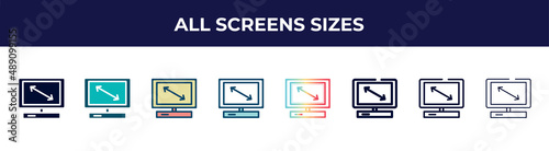 all screens sizes icon in 8 styles. line, filled, glyph, thin outline, colorful, stroke and gradient styles, all screens sizes vector sign. symbol, logo illustration. different style icons set.