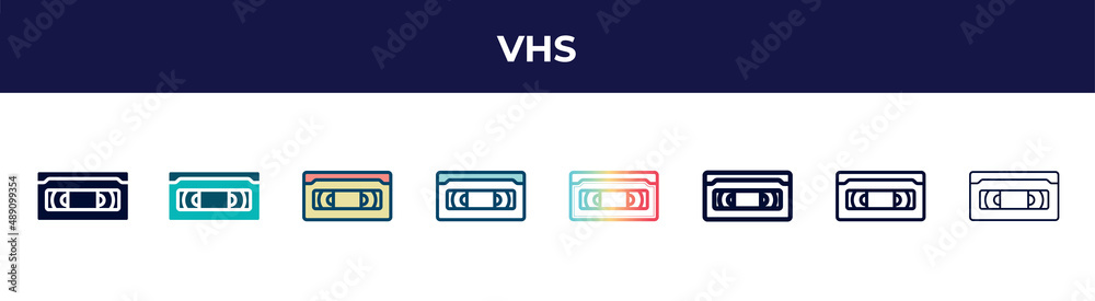 vhs icon in 8 styles. line, filled, glyph, thin outline, colorful, stroke and gradient styles, vhs vector sign. symbol, logo illustration. different style icons set. vhs icon in 8 styles. line, filled, glyph, thin outline, colorful, stroke and gradient styles, vhs vector sign. symbol, logo illustration. different style icons set.