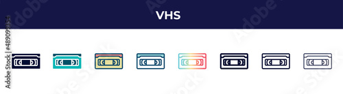 vhs icon in 8 styles. line, filled, glyph, thin outline, colorful, stroke and gradient styles, vhs vector sign. symbol, logo illustration. different style icons set.