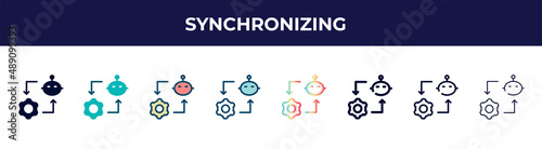 synchronizing icon in 8 styles. line, filled, glyph, thin outline, colorful, stroke and gradient styles, synchronizing vector sign. symbol, logo illustration. different style icons set.