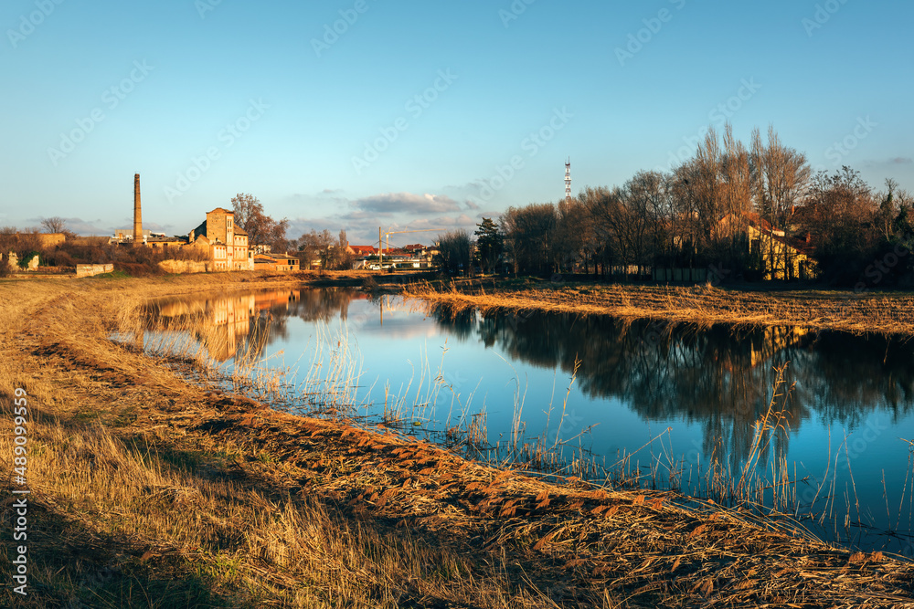 Obraz premium Begej still water in Town of Zrenjanin, Vojvodina province in Serbia