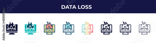 data loss icon in 8 styles. line, filled, glyph, thin outline, colorful, stroke and gradient styles, data loss vector sign. symbol, logo illustration. different style icons set.