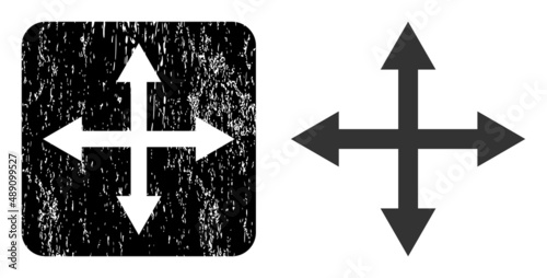 Vector expand arrows hole icon. Grunge expand arrows seal stamp, done with icon and rounded square. Rounded square stamp seal include expand arrows carving inside. Vector expand arrows grunge images.