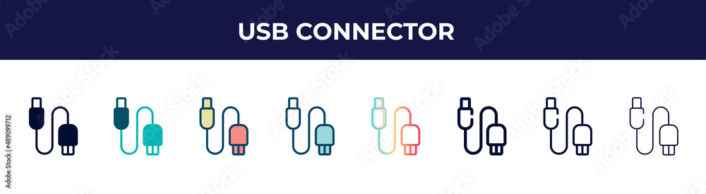 usb connector icon in 8 styles. line, filled, glyph, thin outline, colorful, stroke and gradient styles, usb connector vector sign. symbol, logo illustration. different style icons set. usb connector icon in 8 styles. line, filled, glyph, thin outline, colorful, stroke and gradient styles, usb connector vector sign. symbol, logo illustration. different style icons set.
