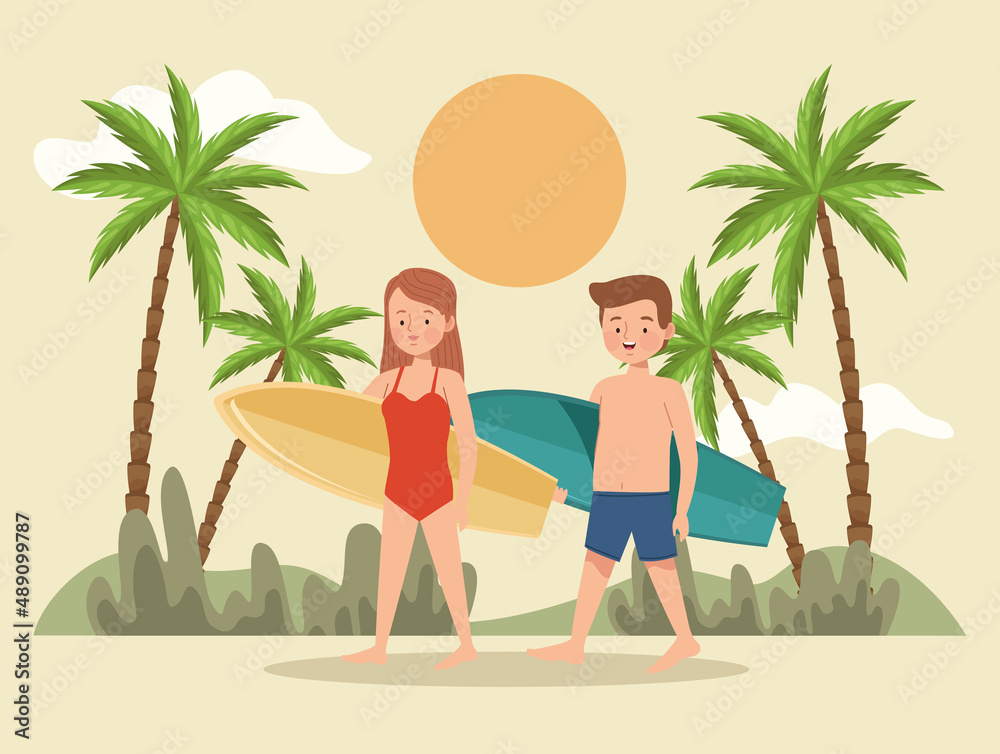surfers couple with palms