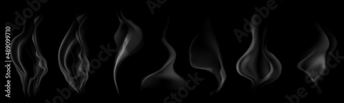Set of several realistic transparent gray smokes or steam, for use on dark background. Transparency only in vector format
