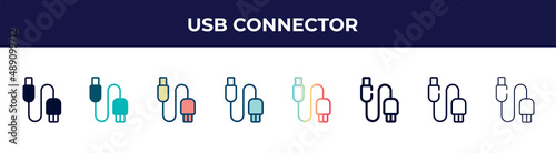 usb connector icon in 8 styles. line  filled  glyph  thin outline  colorful  stroke and gradient styles  usb connector vector sign. symbol  logo illustration. different style icons set.