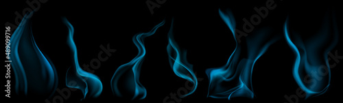 Set of several realistic transparent light blue smokes or steam, for use on dark background. Transparency only in vector format