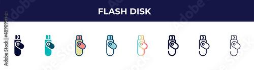 flash disk icon in 8 styles. line, filled, glyph, thin outline, colorful, stroke and gradient styles, flash disk vector sign. symbol, logo illustration. different style icons set.
