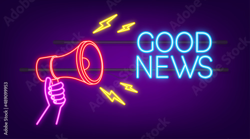 Megaphone with good news. Megaphone banner. Web design. Neon style. Vector stock illustration