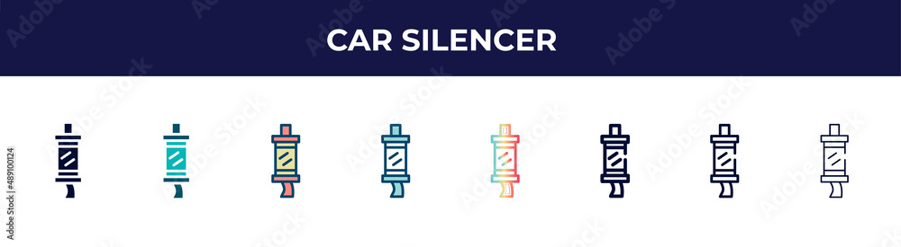 car silencer icon in 8 styles. line, filled, glyph, thin outline, colorful, stroke and gradient styles, car silencer vector sign. symbol, logo illustration. different style icons set. car silencer icon in 8 styles. line, filled, glyph, thin outline, colorful, stroke and gradient styles, car silencer vector sign. symbol, logo illustration. different style icons set.