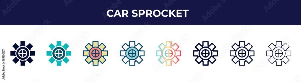 car sprocket icon in 8 styles. line, filled, glyph, thin outline, colorful, stroke and gradient styles, car sprocket vector sign. symbol, logo illustration. different style icons set. car sprocket icon in 8 styles. line, filled, glyph, thin outline, colorful, stroke and gradient styles, car sprocket vector sign. symbol, logo illustration. different style icons set.