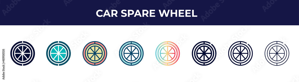 car spare wheel icon in 8 styles. line, filled, glyph, thin outline, colorful, stroke and gradient styles, car spare wheel vector sign. symbol, logo illustration. different style icons set.