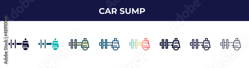 car sump icon in 8 styles. line, filled, glyph, thin outline, colorful, stroke and gradient styles, car sump vector sign. symbol, logo illustration. different style icons set.